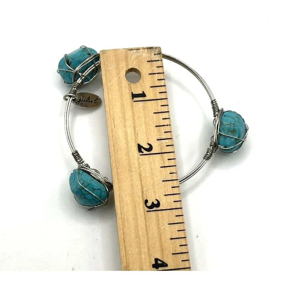 Jules C Turquoise Look Wire Wrapped Bangle Bracelet Boho Artisan Silver Tone